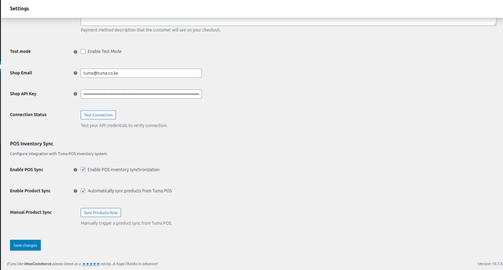 Tuma woocommerce plugin set up page