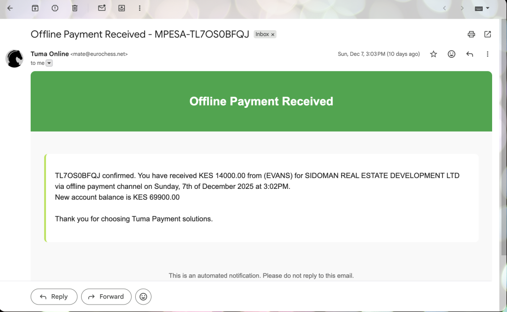 Email notification for MPESA Payment