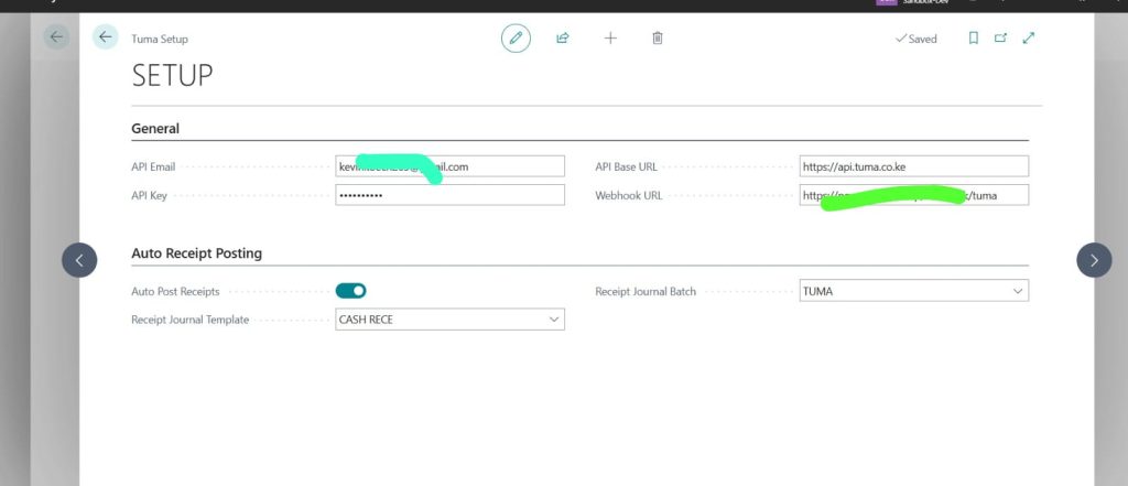 Tuma API key set up for business central