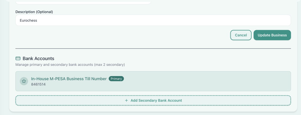Tuma secondary bank account