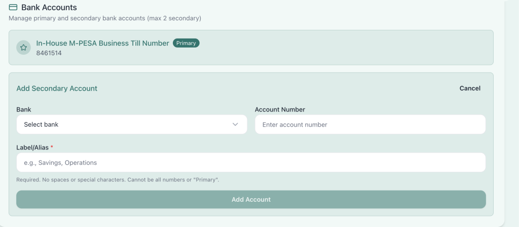 Tuma add secondary account API
