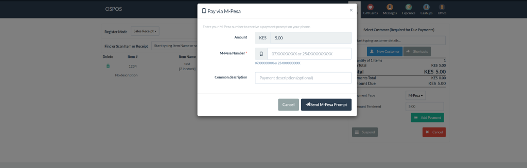 STK PUSH prompt on POS