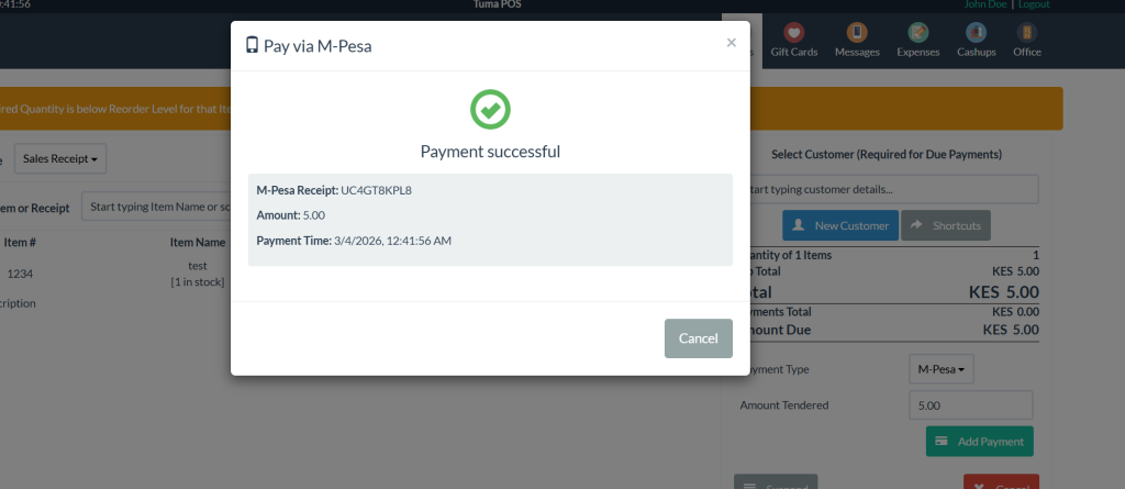 MPESA confirmation on OSPOS