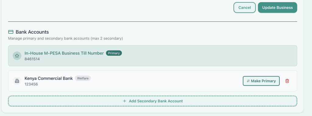 Toggle or switch primary account Tuma API