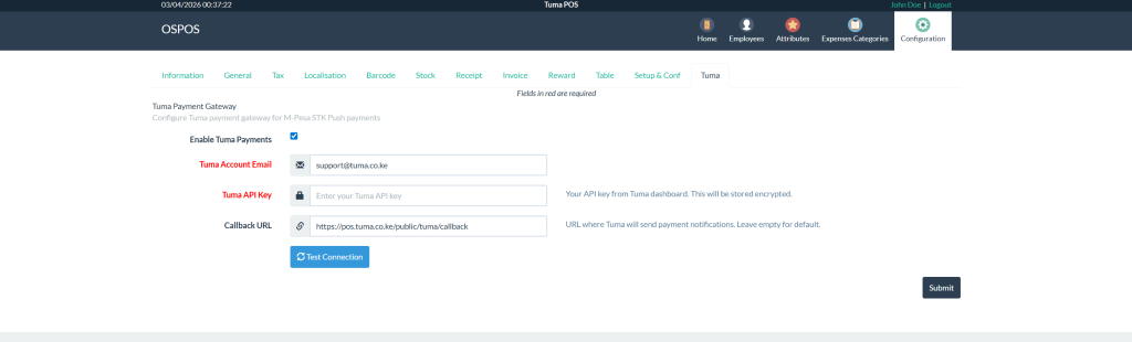 Tuma API configuration