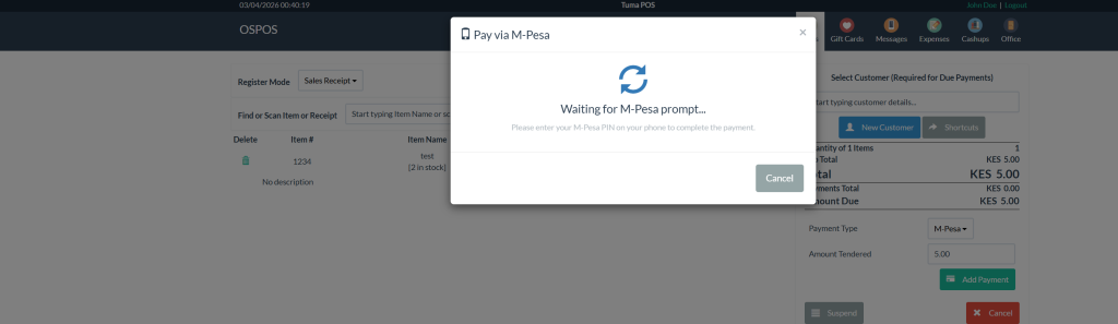 MPESA payment prompt for OSPOS