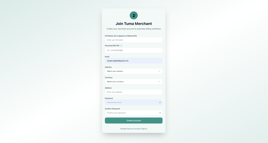 Tuma Merchant sign up form