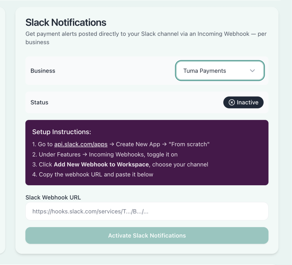 Slack notification configurations for MPESA and Bank payments