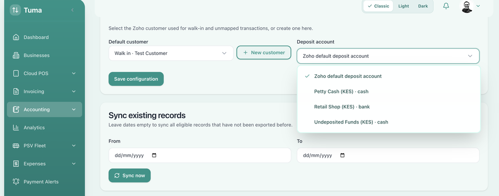 Tuma payments zoho books connector