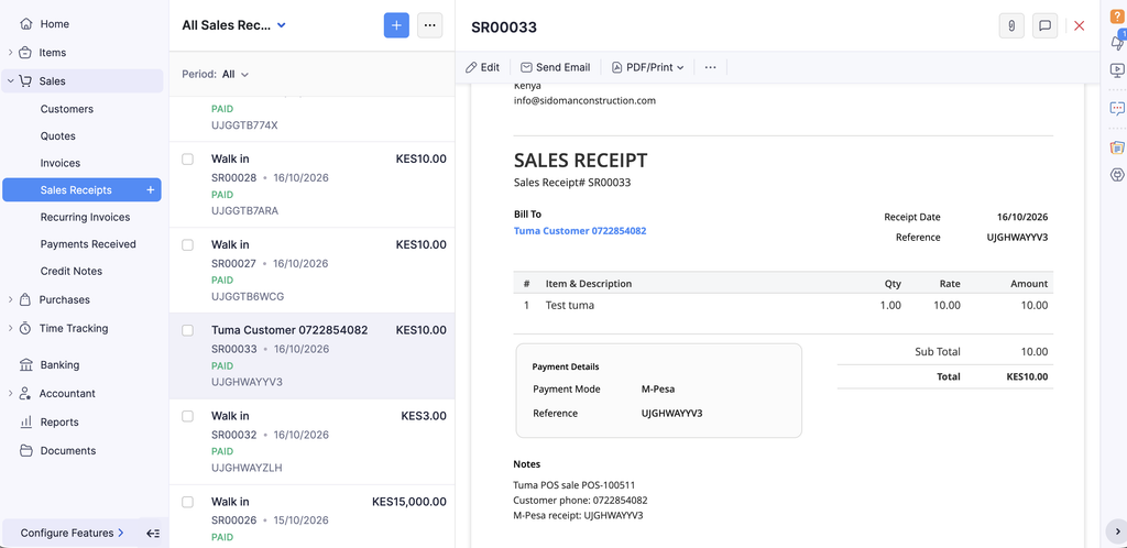 Zoho Books MPESA, bank integrations